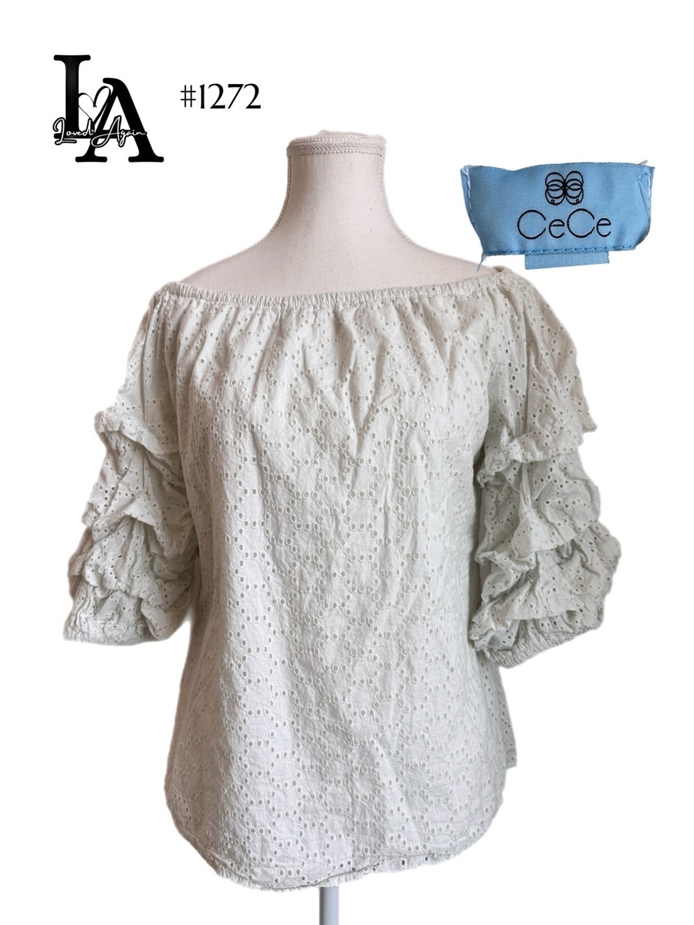 CeCe Cream Off-Shoulder Eyelet Ruffle Sleeve Top